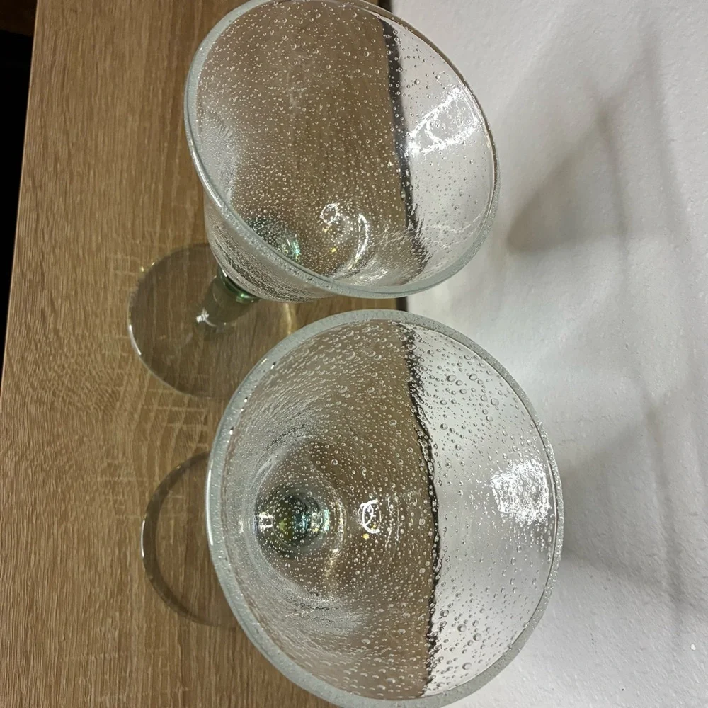 Pottery Barn Hand Blown Bubble Glass Goblets Set of 2 Seeded Vintage Green Stem